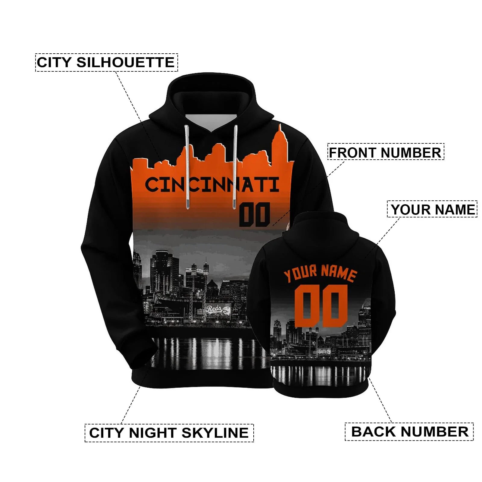 Custom Sports Pullover Sweatshirt City Cincinnati Night Fashion Football Hoodie